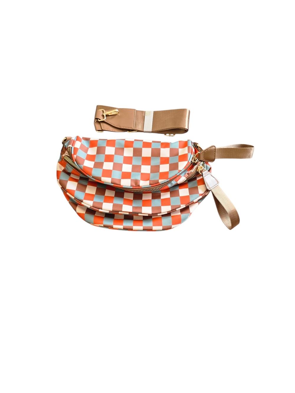 Checkerboard Crossbody Sling Bag - Brown/Blue/White Checkers - Picture 2 of 5